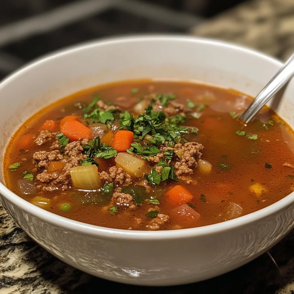 Bowl of delicious Hamburger Soup topped with fresh herbs and vegetables