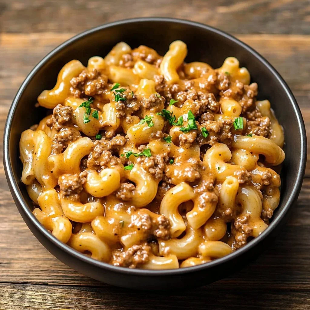 Bowl of homemade cheeseburger macaroni with cheese sauce and garnished herbs