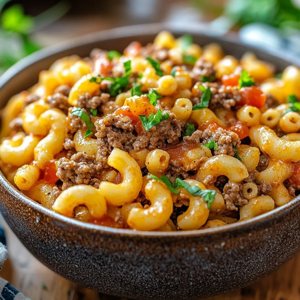 Homemade Hamburger Helper with pasta and ground beef in a skillet