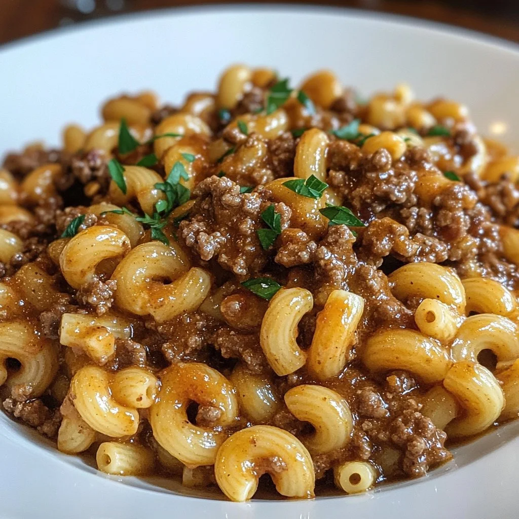 A delicious bowl of homemade hamburger helper with fresh ingredients.