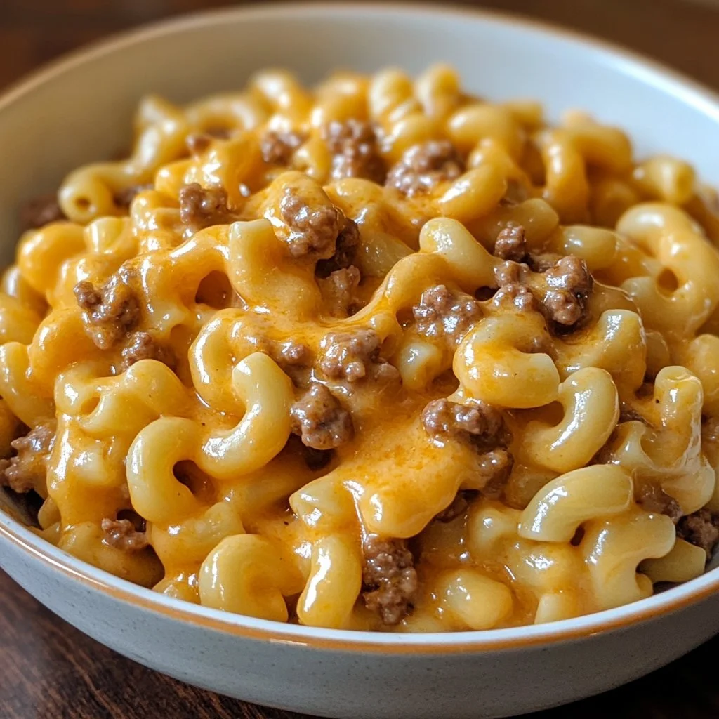 A delicious serving of Homemade Hamburger Helper with meat and pasta.
