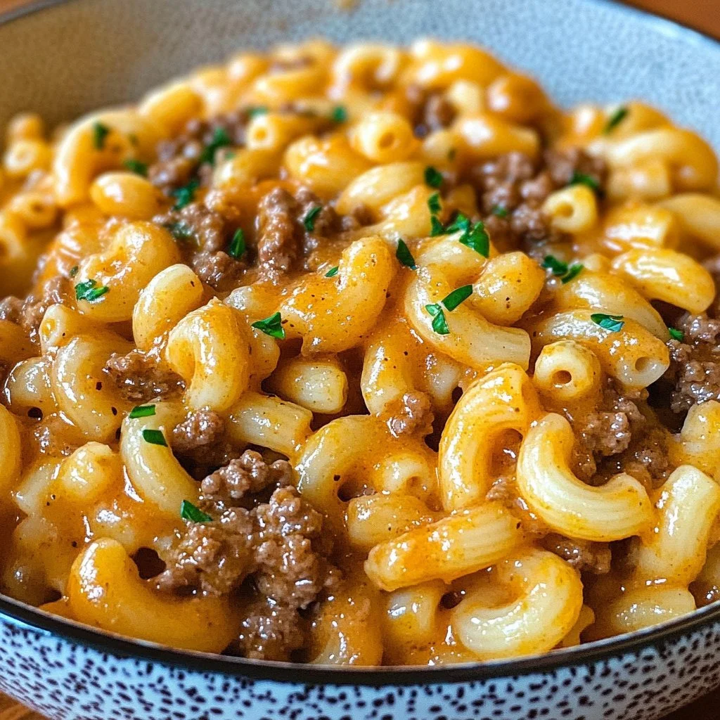 A bowl of Homemade Hamburger Helper with ground beef and pasta.
