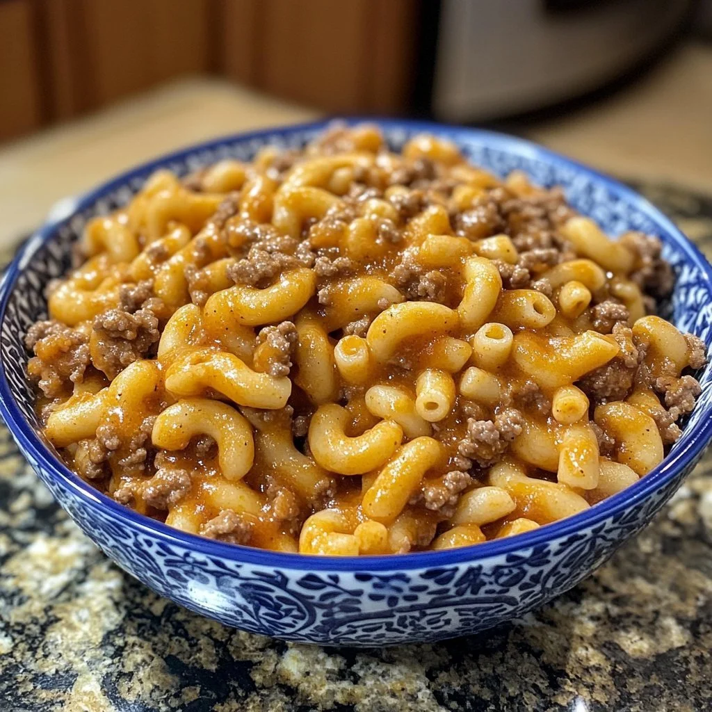 Bowl of homemade Hamburger Helper with pasta and ground beef, ready to serve