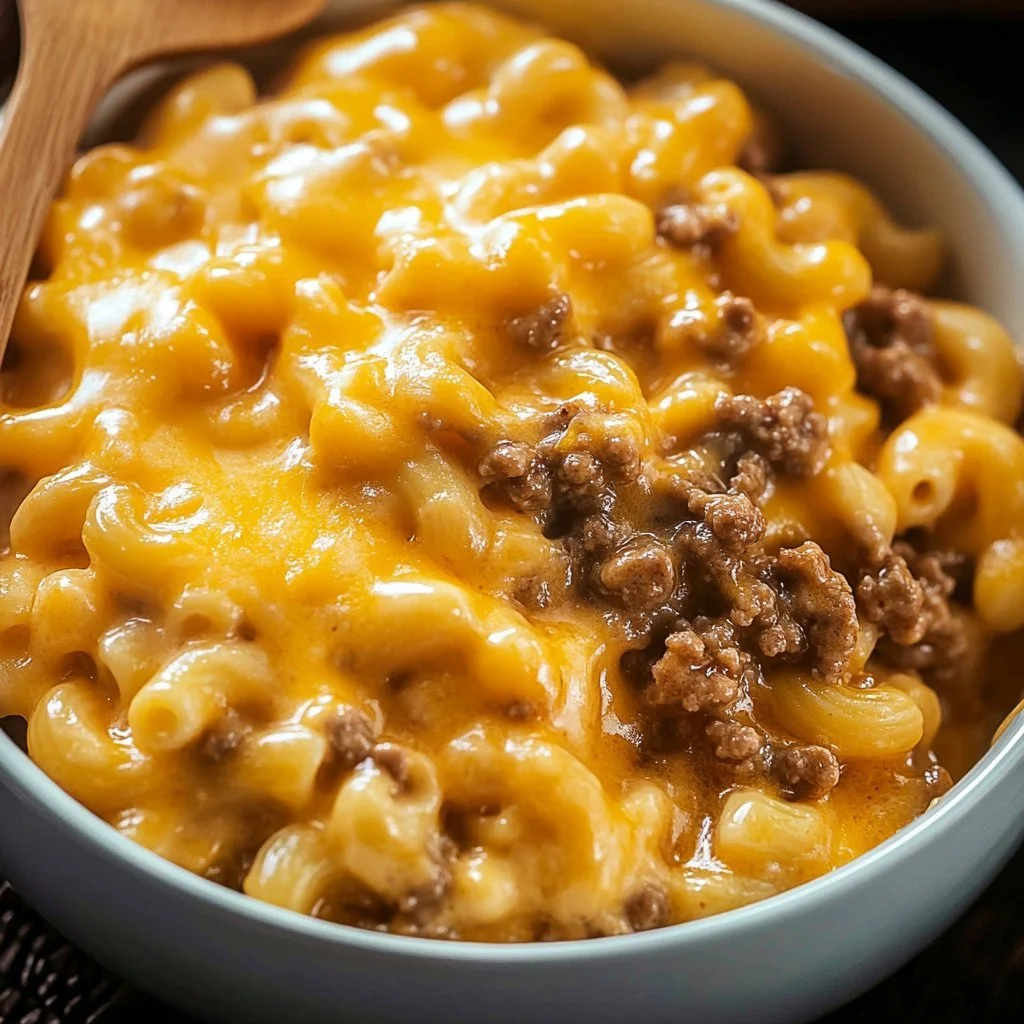 Homemade Hamburger Helper Cheeseburger Macaroni served in a bowl