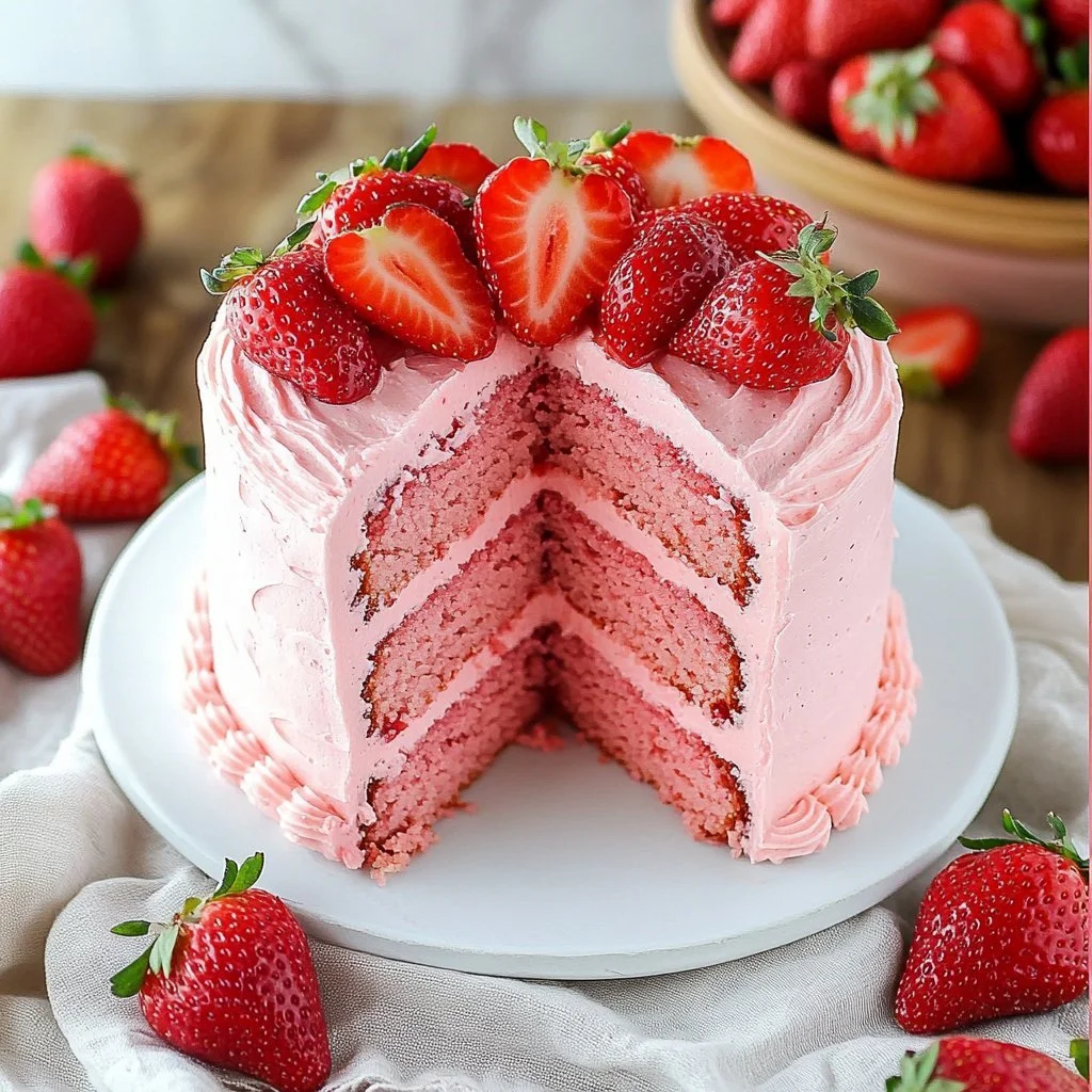 Slice of homemade strawberry cake topped with fresh strawberries and whipped cream