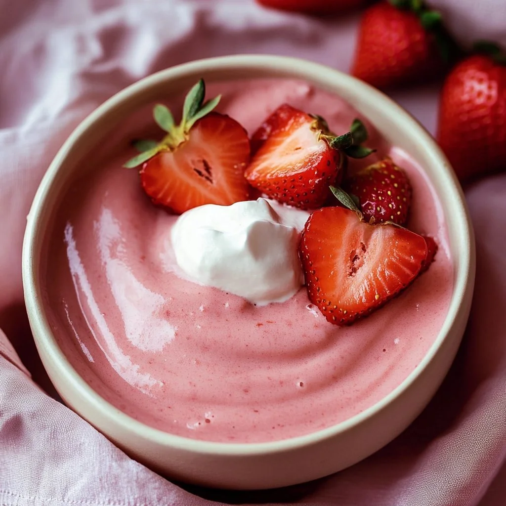 Delicious bowl of homemade strawberry pudding with fresh strawberries on top.