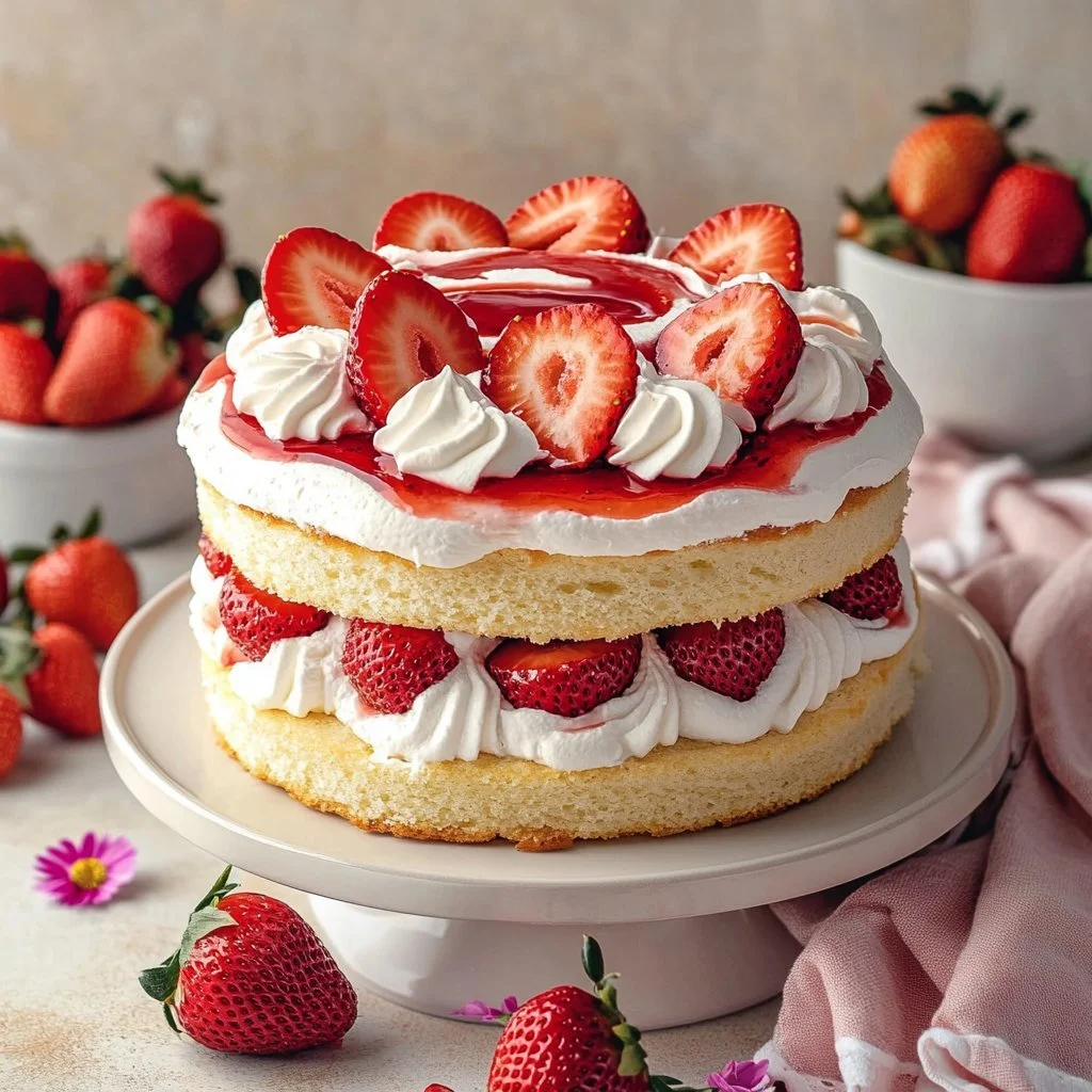 Delicious homemade strawberry shortcake topped with fresh strawberries and whipped cream.