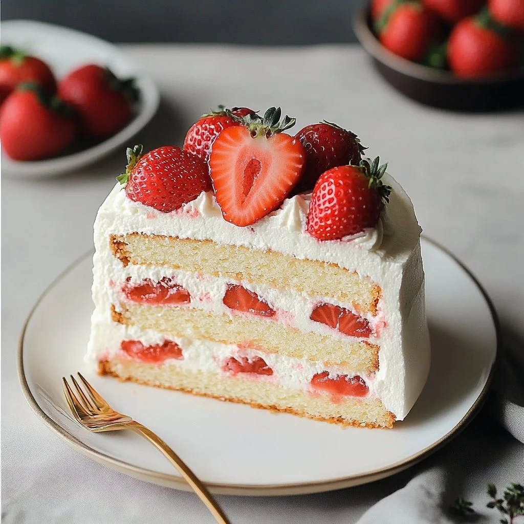 Delicious Japanese strawberry cake adorned with fresh strawberries and whipped cream