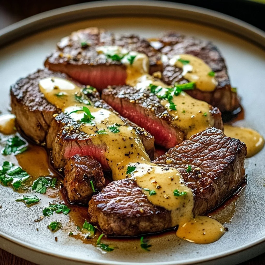 Juicy steak served with creamy garlic sauce on a plate