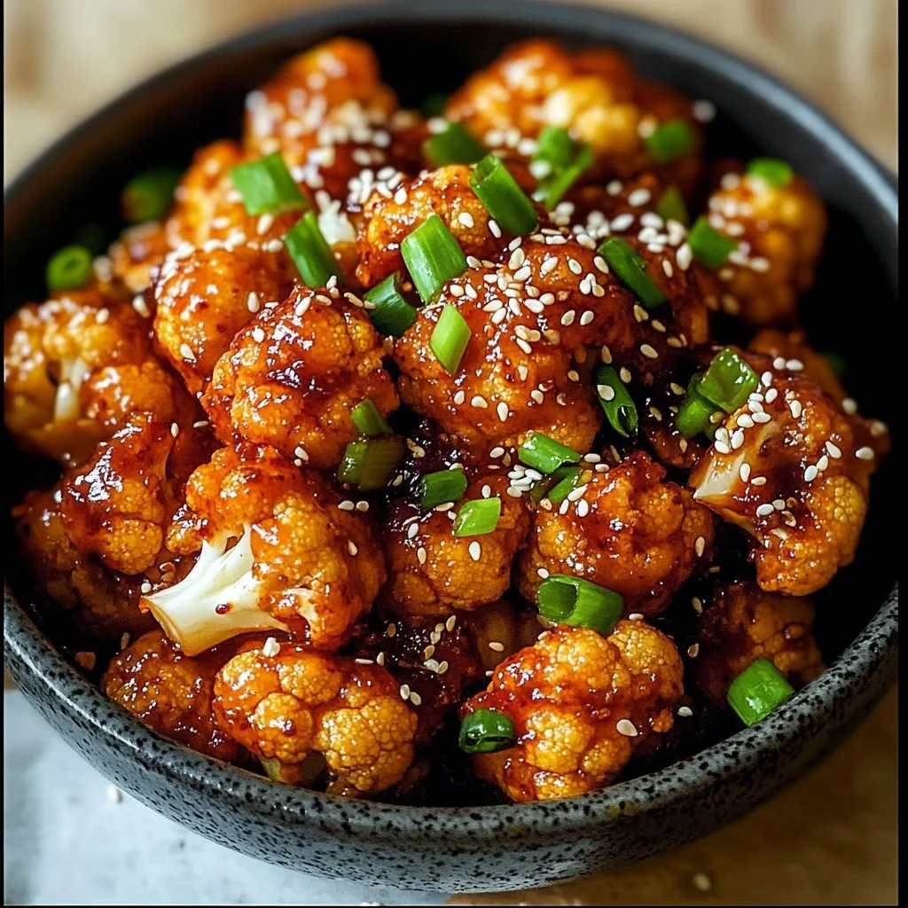 Korean baked cauliflower dish with spices and garnishes, served on a plate.