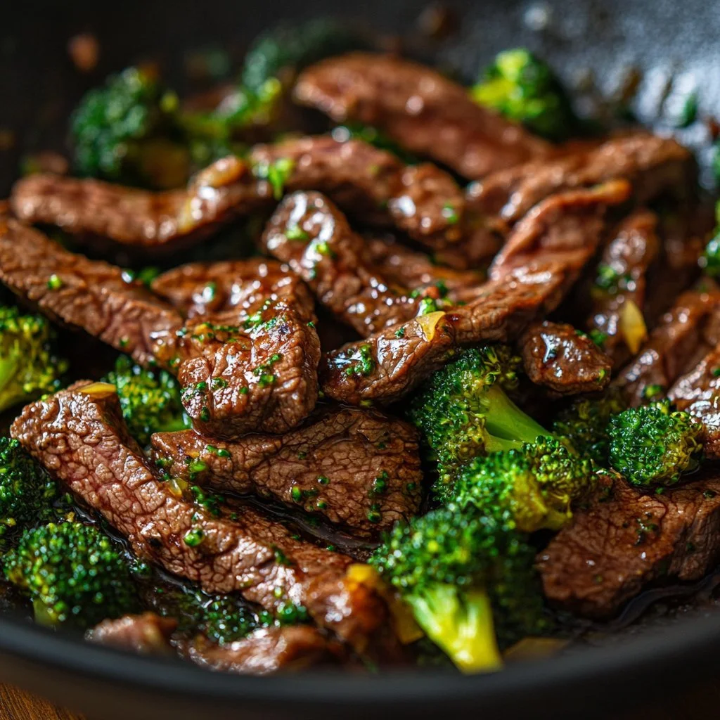 Lemon Garlic Butter Steak served with sautéed broccoli in a skillet