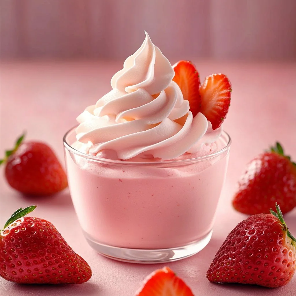 Light and fluffy strawberry mousse dessert in a glass with fresh strawberries