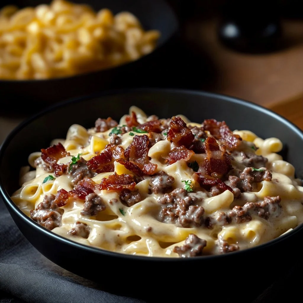 Delicious Loaded Bacon Cheeseburger Alfredo Pasta with bacon and cheese