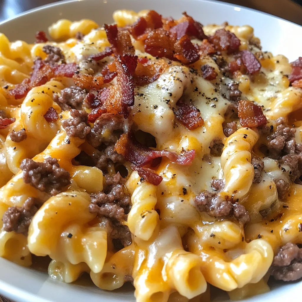 Delicious loaded bacon cheeseburger pasta topped with cheese and crispy bacon.
