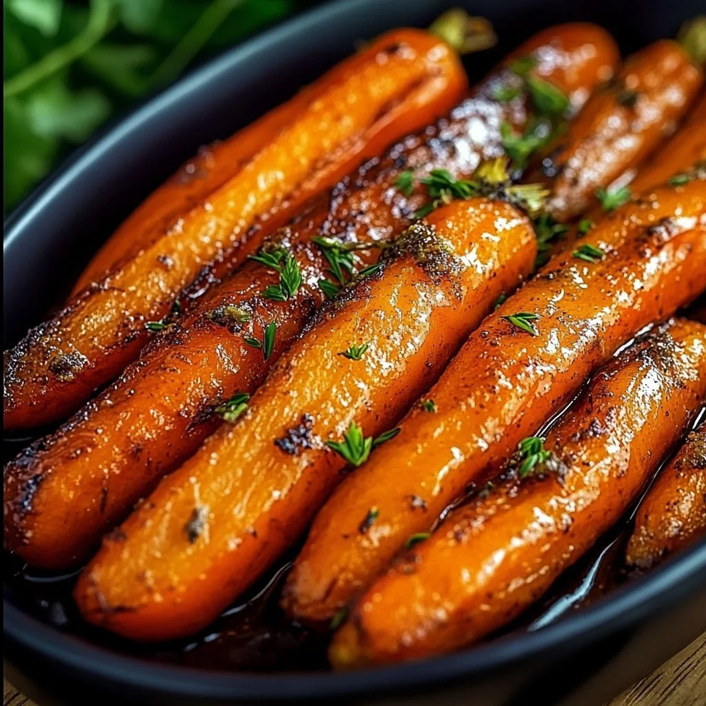Maple Dijon roasted carrots drizzled with maple syrup and Dijon mustard.