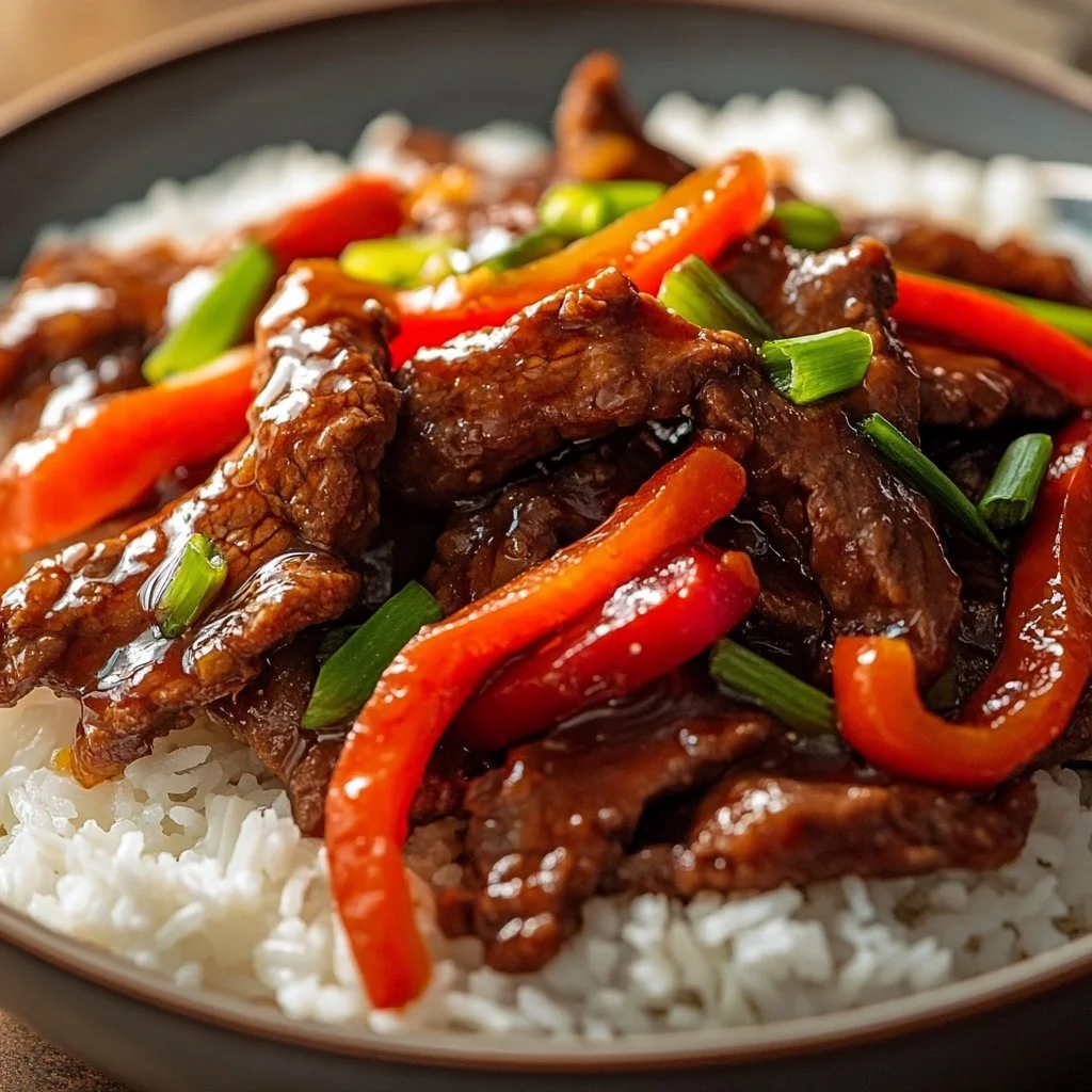 Delicious plate of Mongolian Beef stir-fry with vegetables and sauce