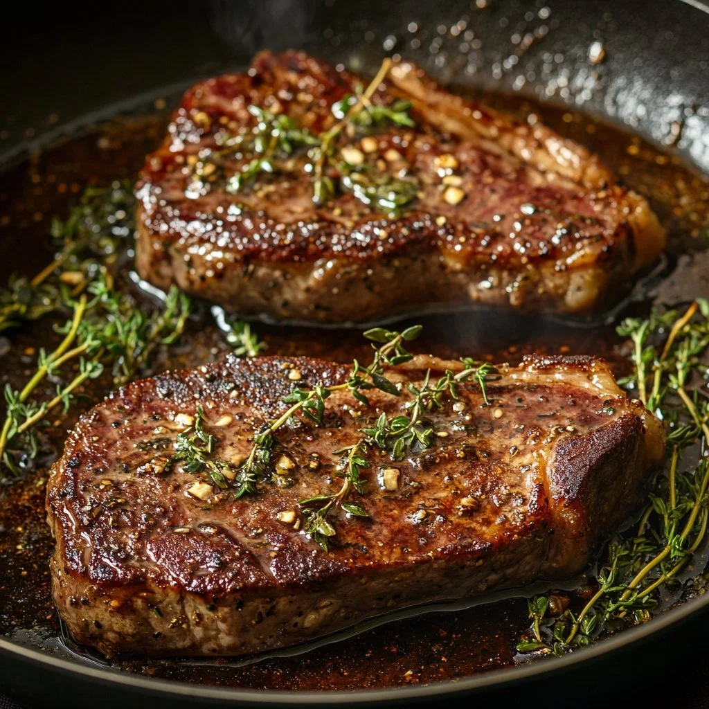 New York Strip Steak topped with garlic herb butter, garnished for presentation
