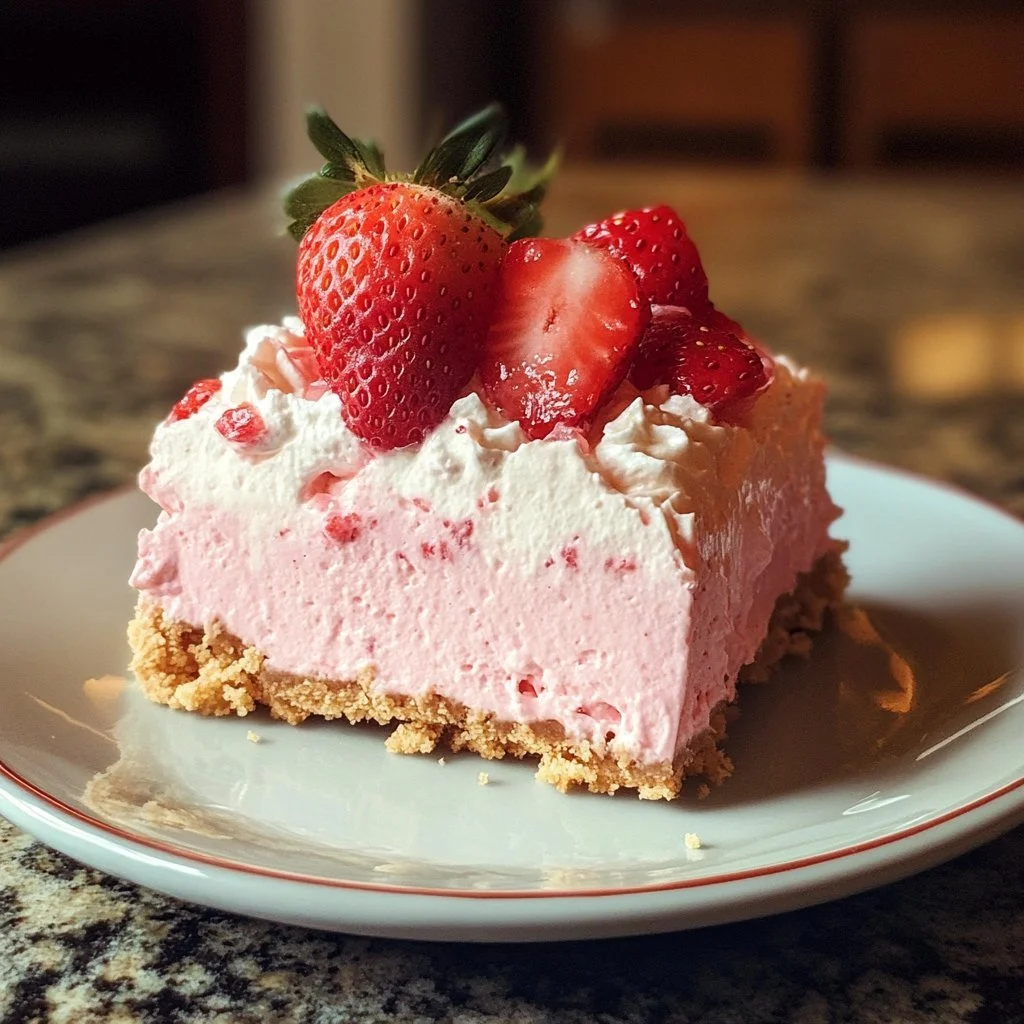 No-Bake Strawberry Cheesecake Lush dessert topped with fresh strawberries