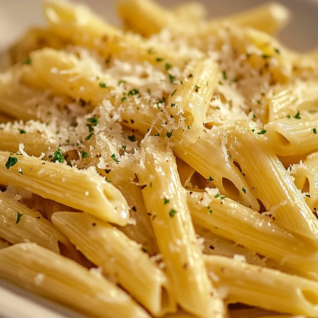 Delicious One Pot Creamy Garlic Pasta served in a bowl with fresh herbs