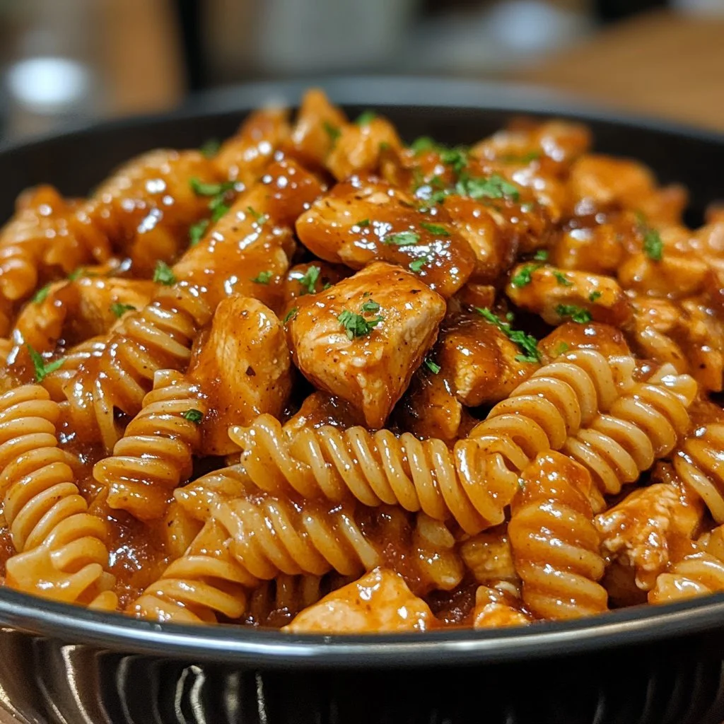 One-Pot Honey Garlic BBQ Chicken Pasta in a bowl