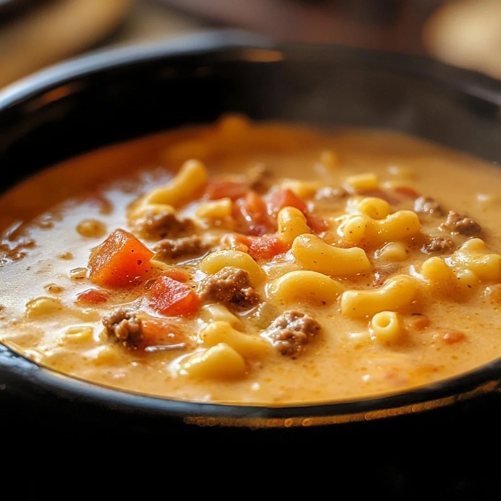 Delicious bowl of One-Pot Macaroni Cheeseburger Soup topped with cheese and herbs
