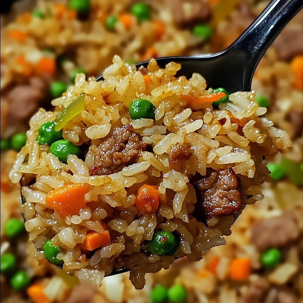 Delicious onion beef fried rice dish garnished with fresh herbs