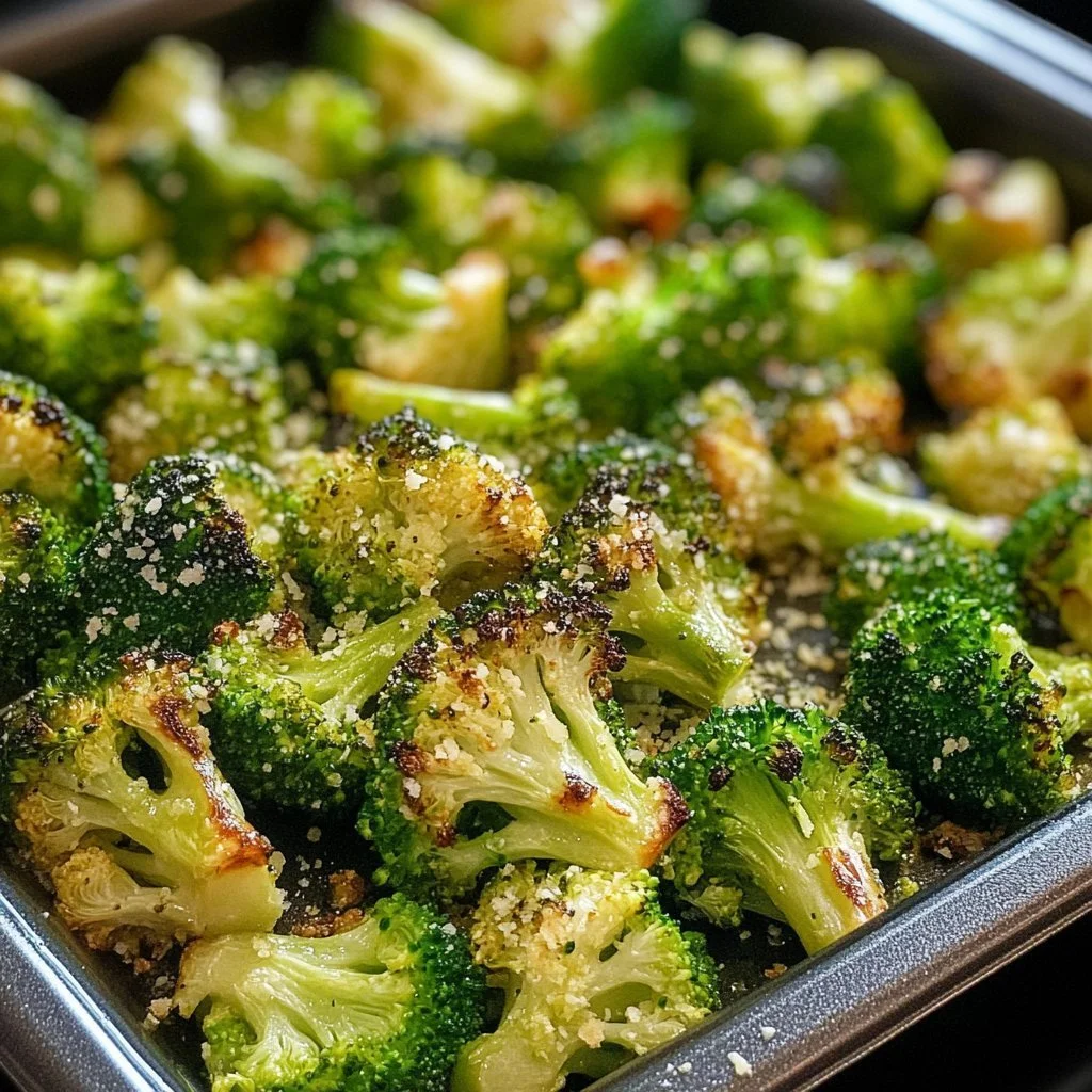 Bowl of oven roasted broccoli seasoned with spices and olive oil