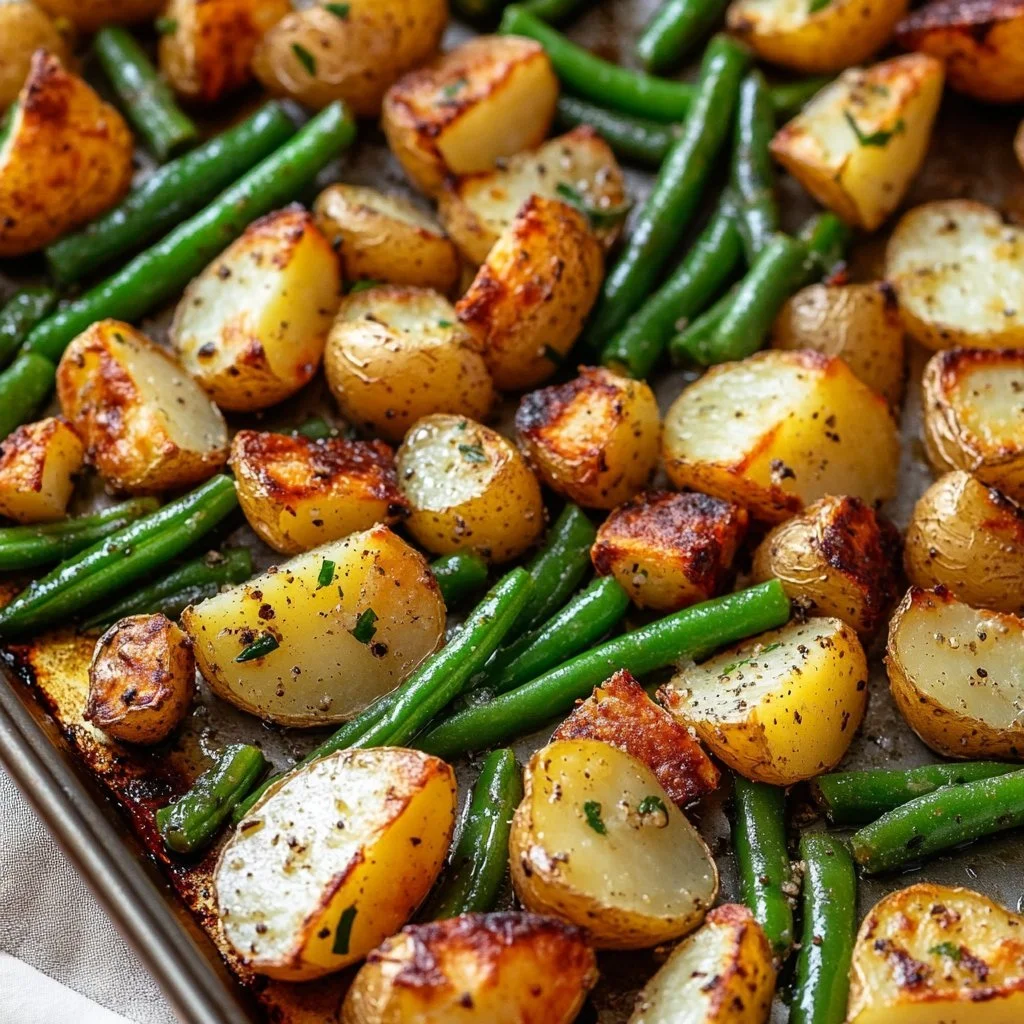 Plate of oven-roasted potatoes and green beans garnished with herbs