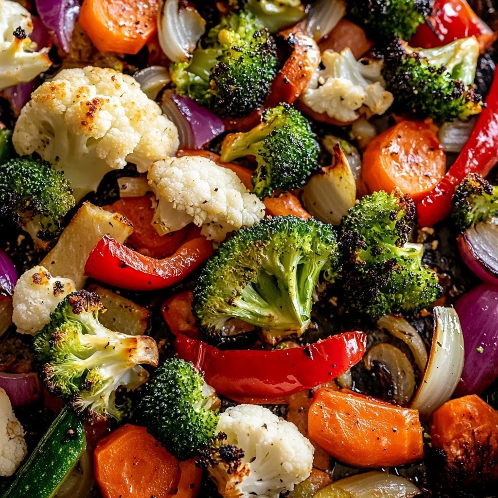 Plate of colourful oven roasted vegetables including carrots, bell peppers, and zucchini.