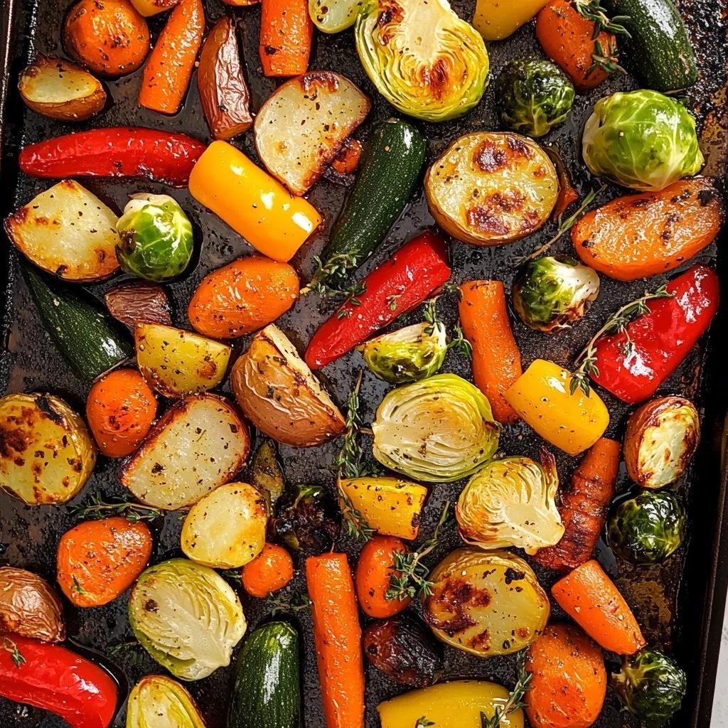 A plate of colourful oven-roasted vegetables including carrots, peppers, and broccoli.