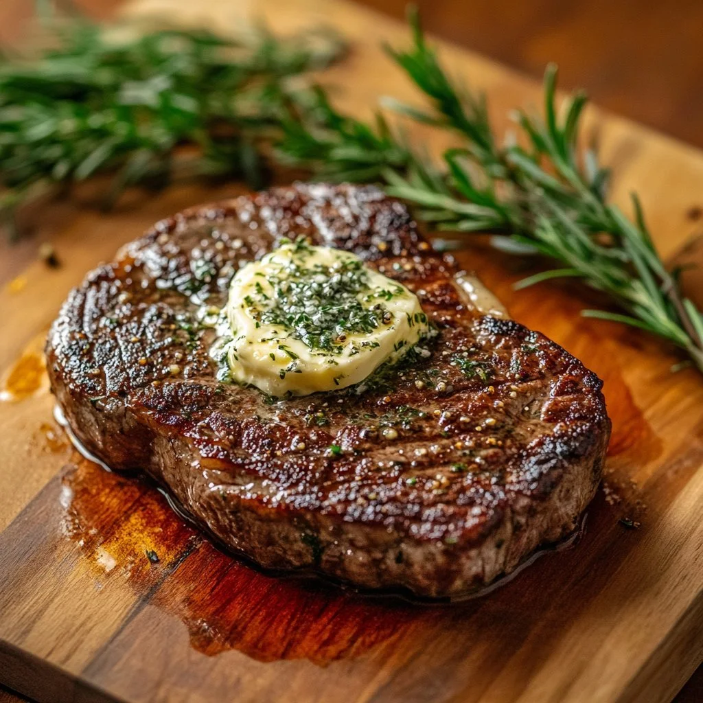 Pan seared ribeye steak cooked to perfection with a golden crust