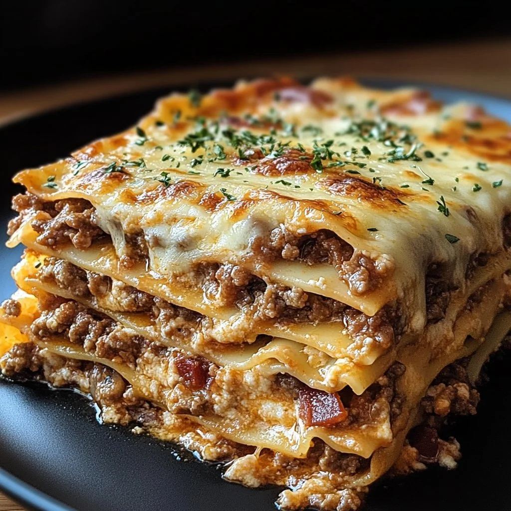 Parmesan Garlic Bacon Cheeseburger Lasagne with layers of cheese and bacon