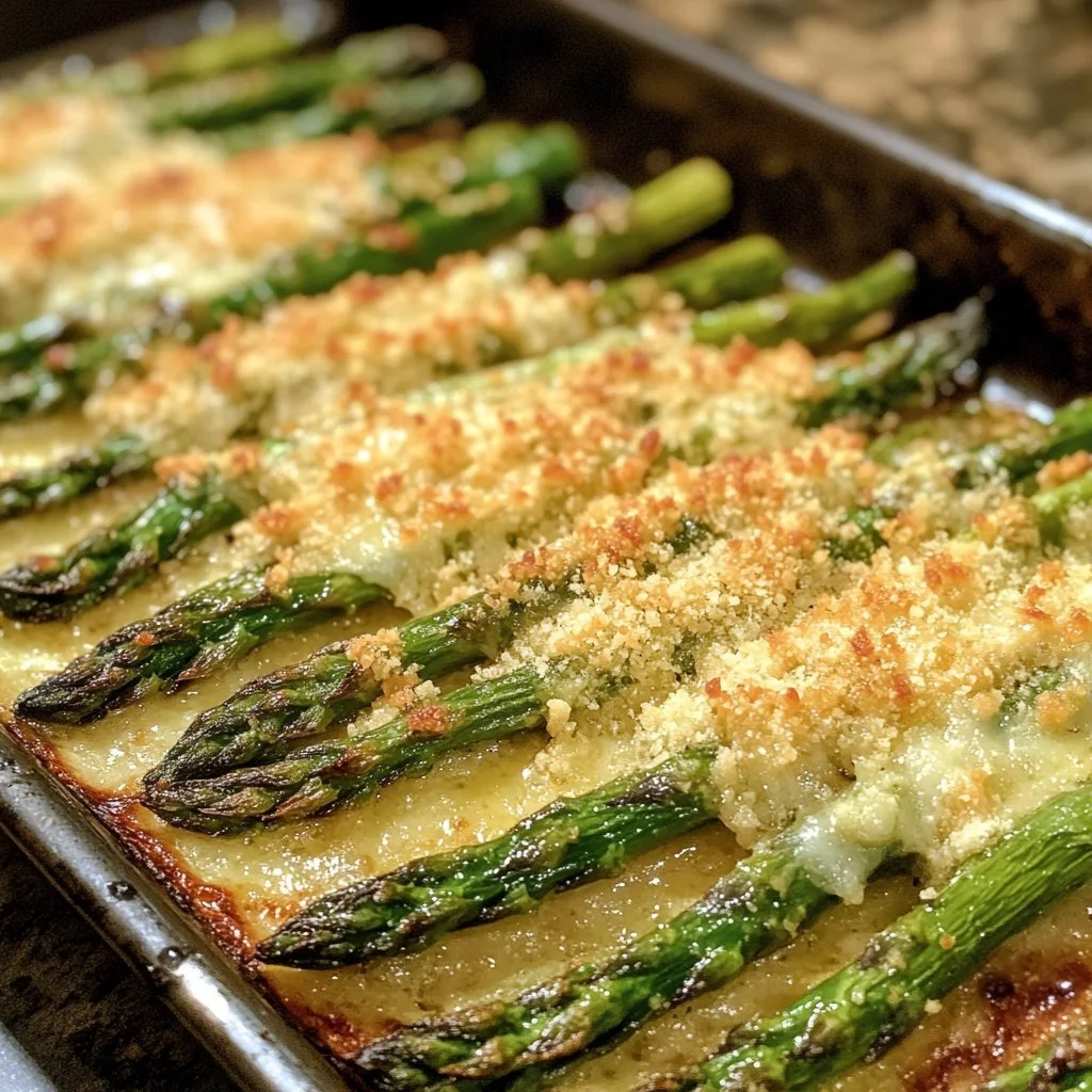 Crispy Parmesan roasted asparagus on a white plate, garnished and ready to serve.