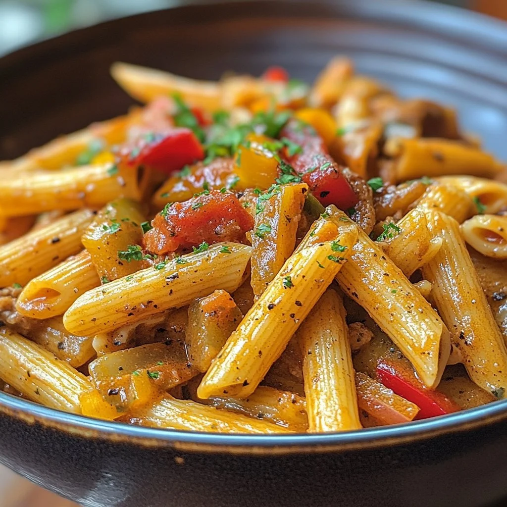 Bowl of penne pasta with fresh basil and tomato sauce garnish