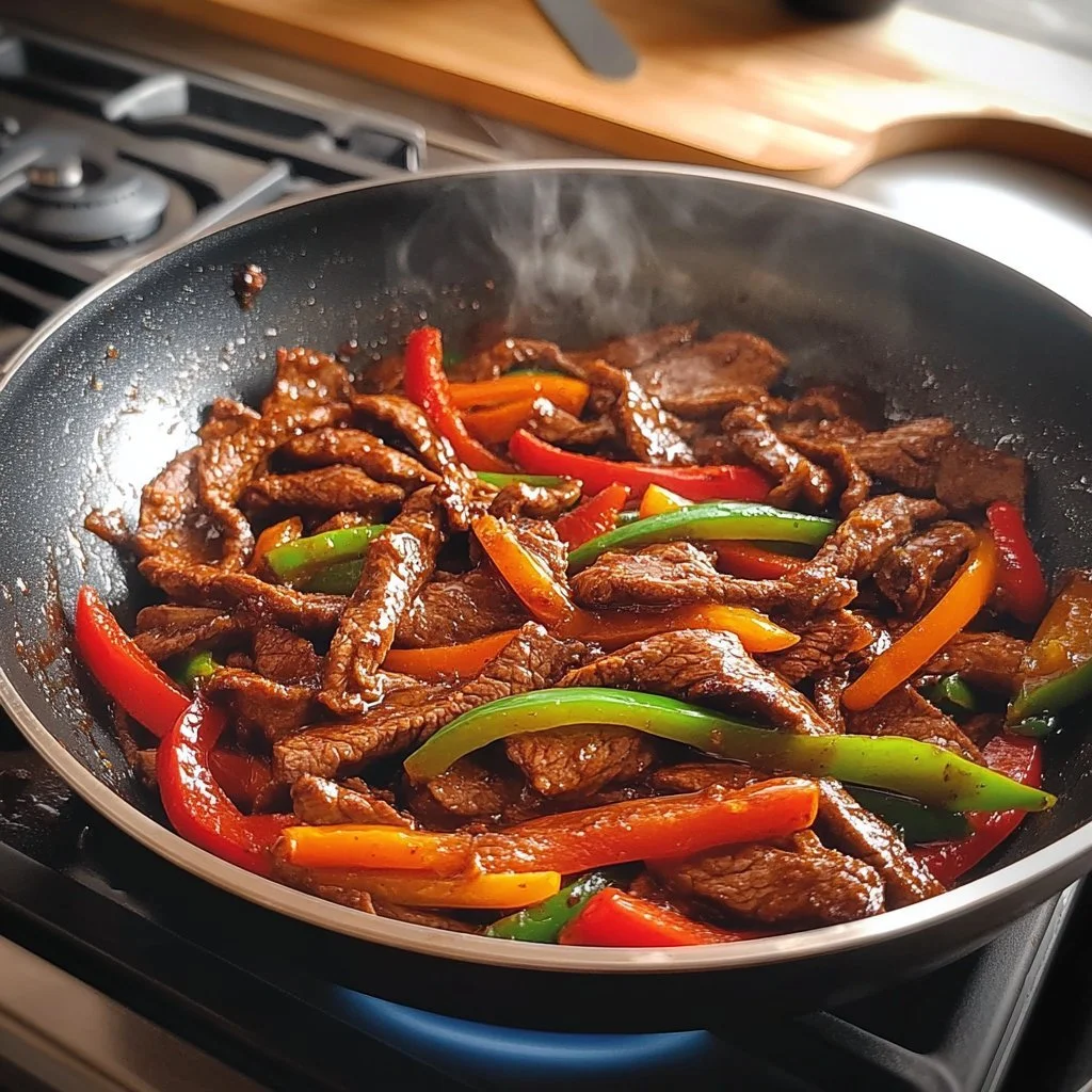 Delicious pepper steak served with vibrant vegetables and spices.