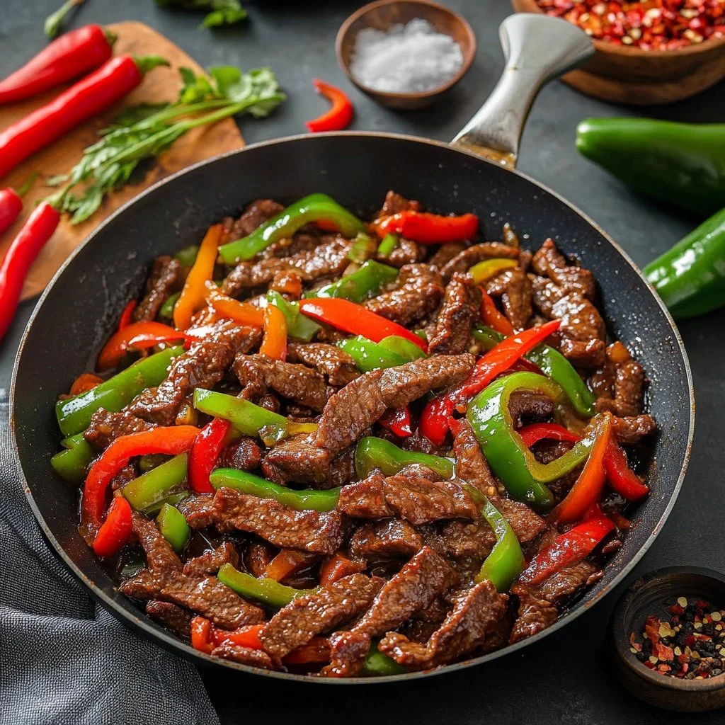 Pepper steak stir fry with vegetables in a skillet