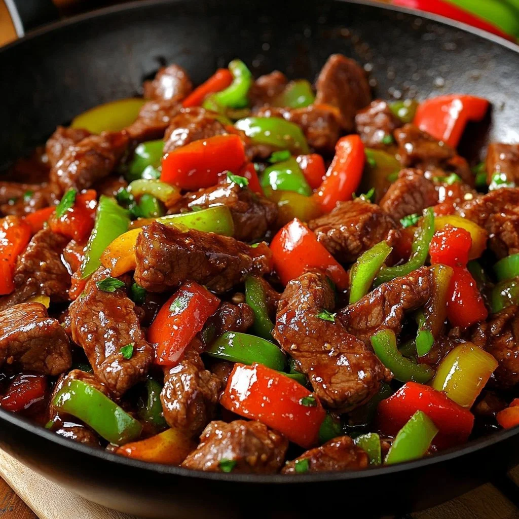 Pepper steak stir fry served with colourful vegetables in a bowl