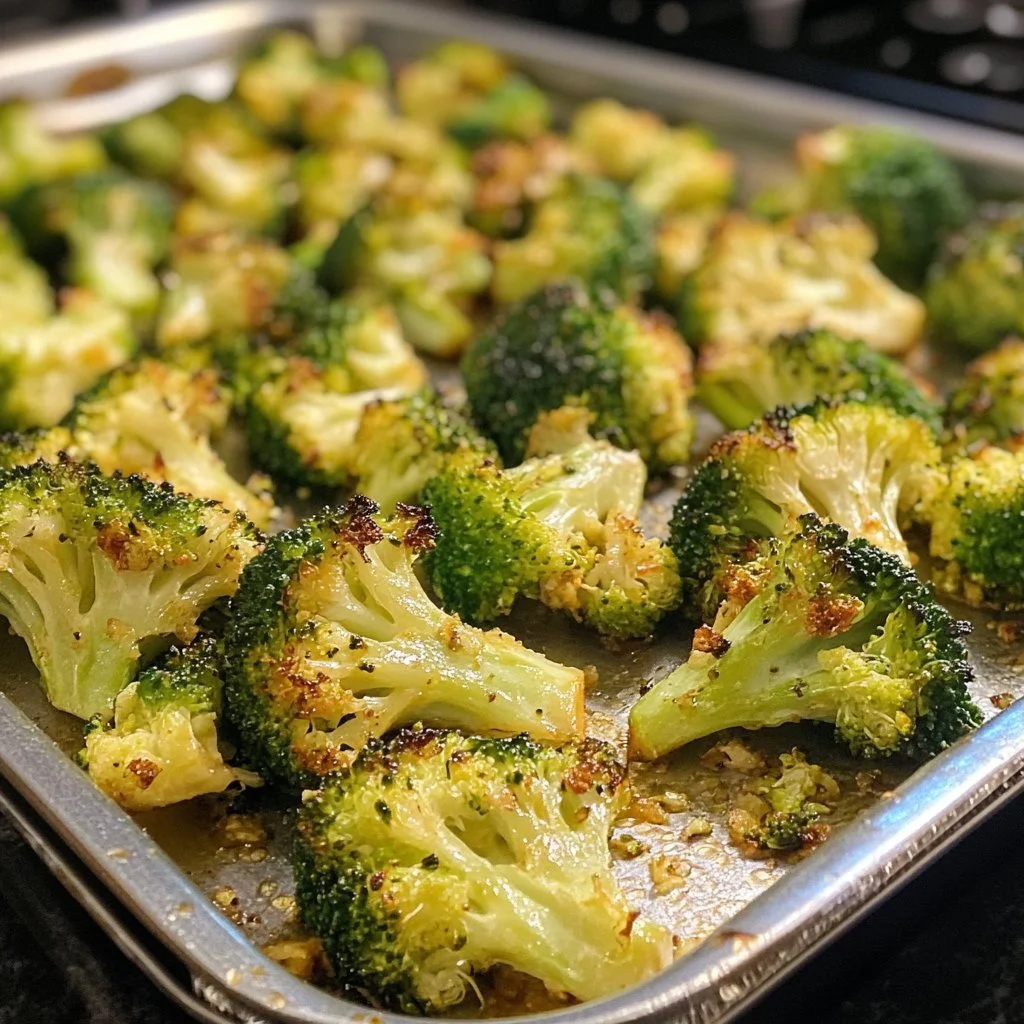 Perfectly roasted broccoli garnished with herbs and served on a plate