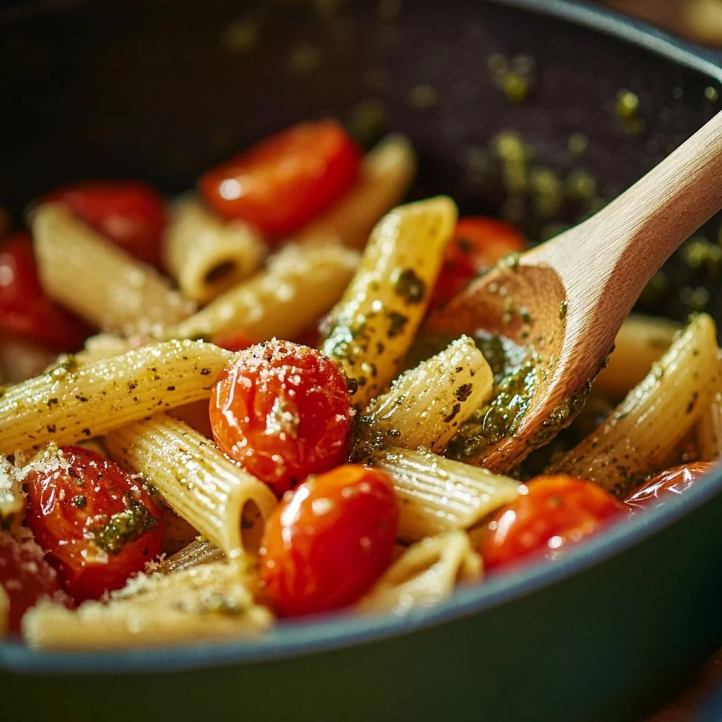 Pesto Penne with burst cherry tomatoes served in a bowl