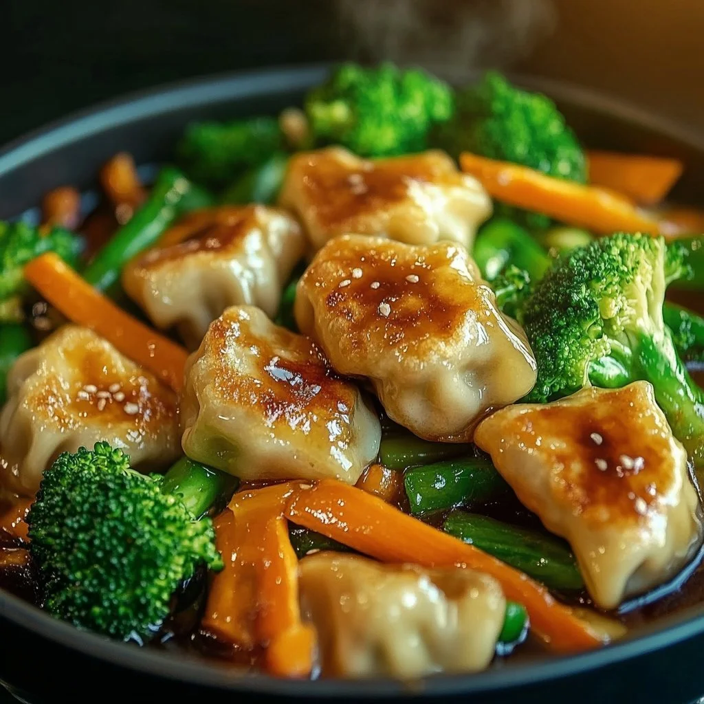 Delicious potsticker stir fry served with vibrant vegetables on a plate
