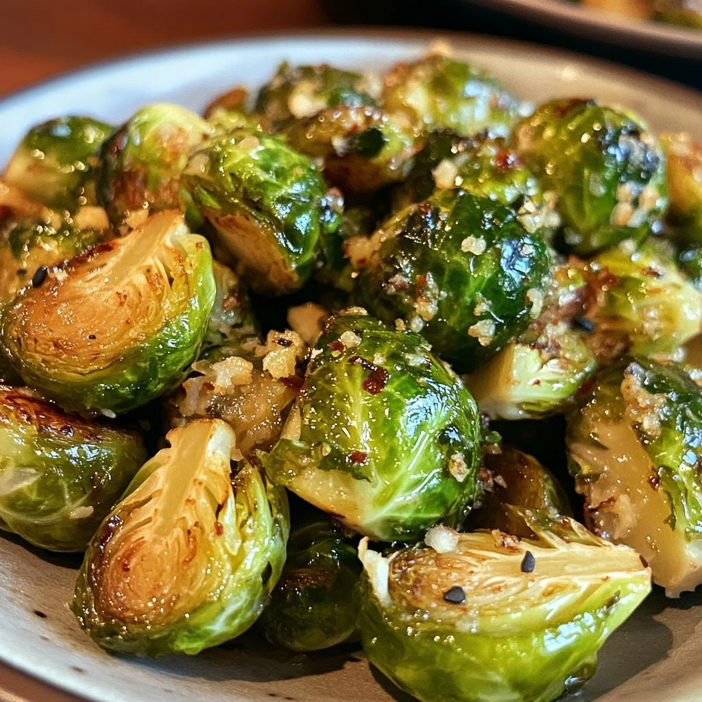 Delicious restaurant-style Brussels sprouts served in a gourmet dish.