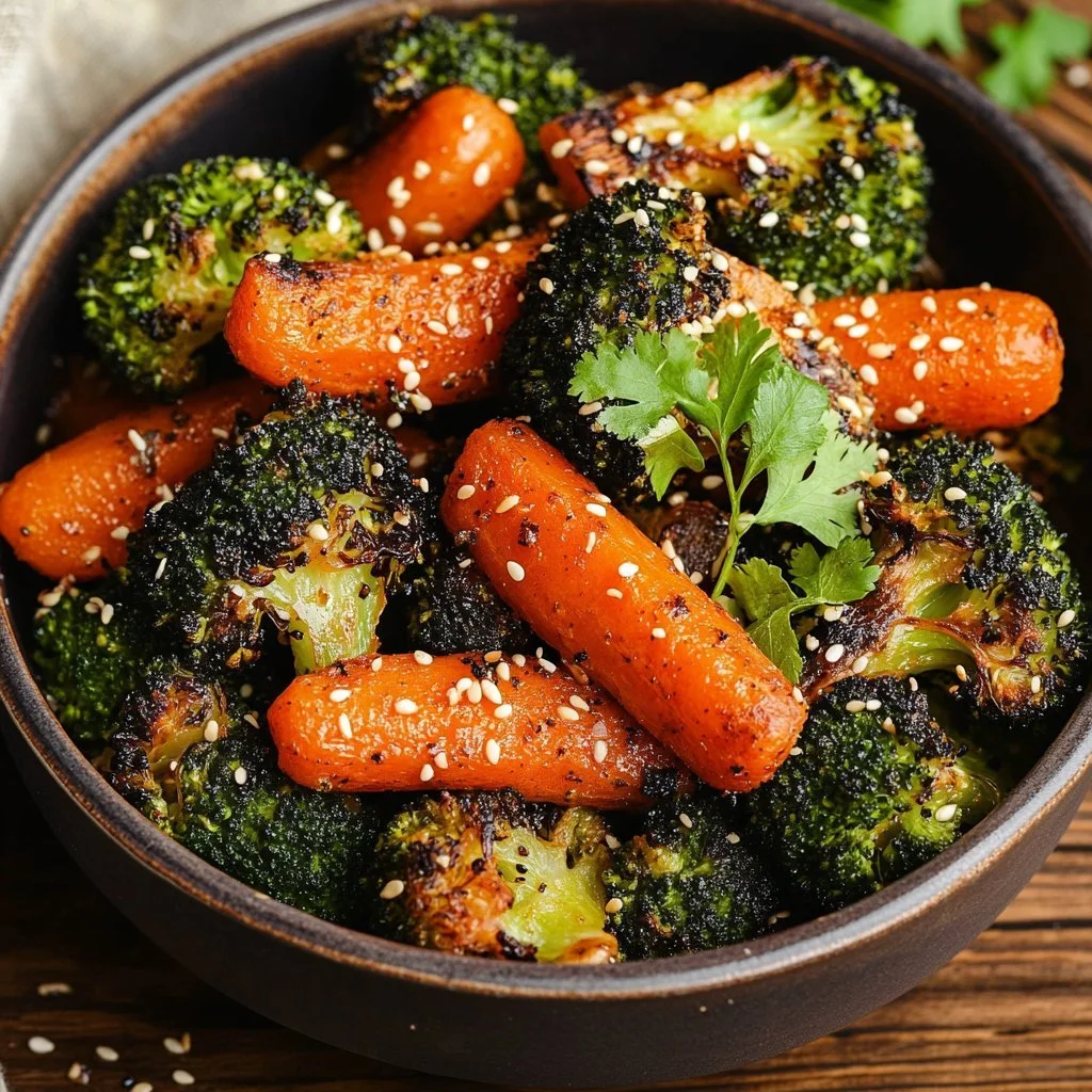 Delicious roasted broccoli and carrots served as a healthy side dish