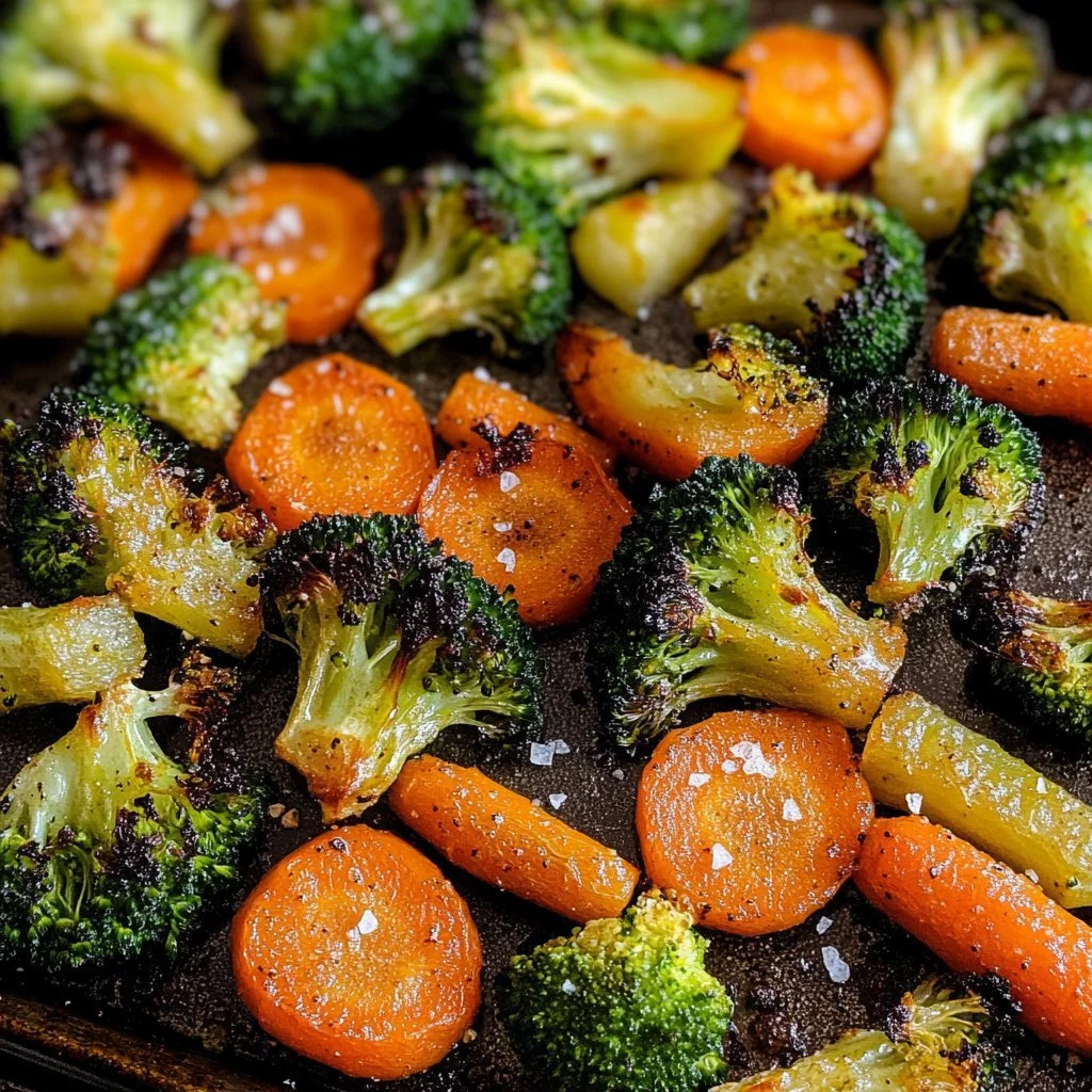 Delicious roasted broccoli and carrots served on a plate.