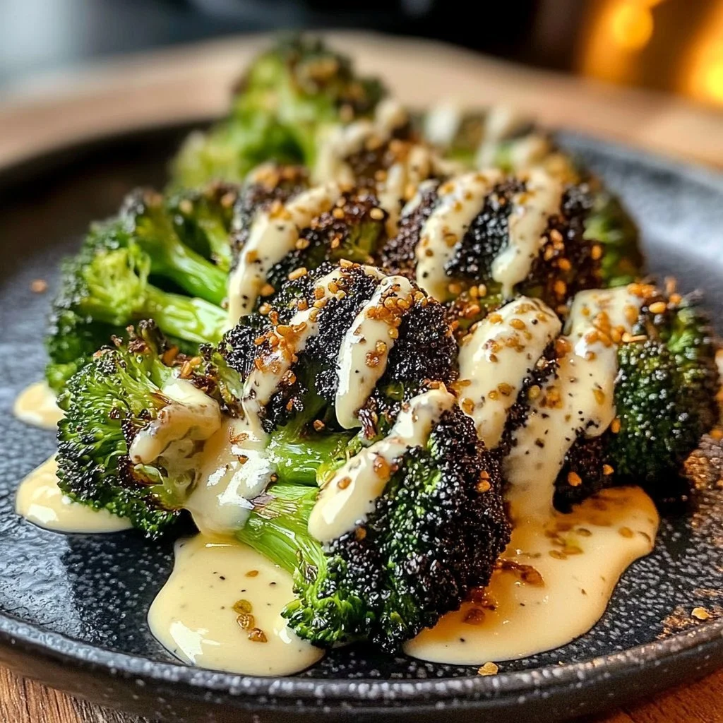 Plated roasted broccoli with Caesar-style sauce and smoky seed drizzle