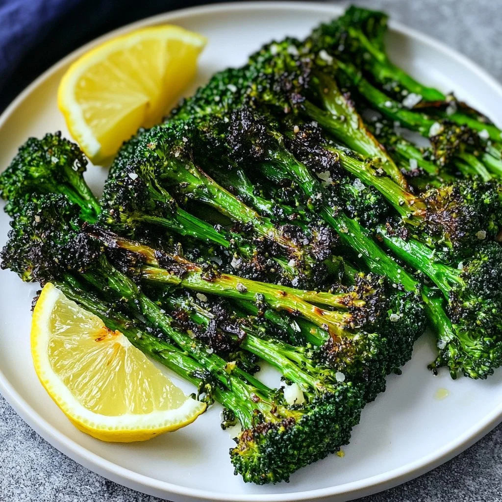 Plate of delicious roasted broccolini with a crispy texture and vibrant colour.
