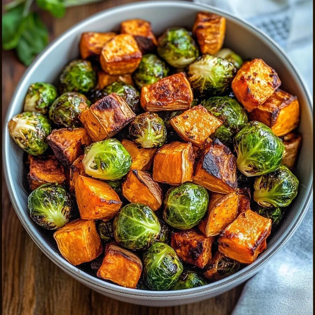 Roasted Brussels sprouts and sweet potatoes in a serving dish