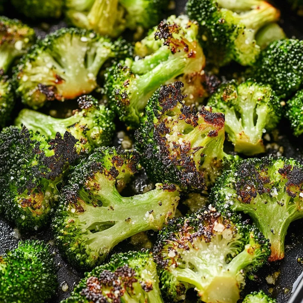 Plate of roasted frozen broccoli garnished with herbs