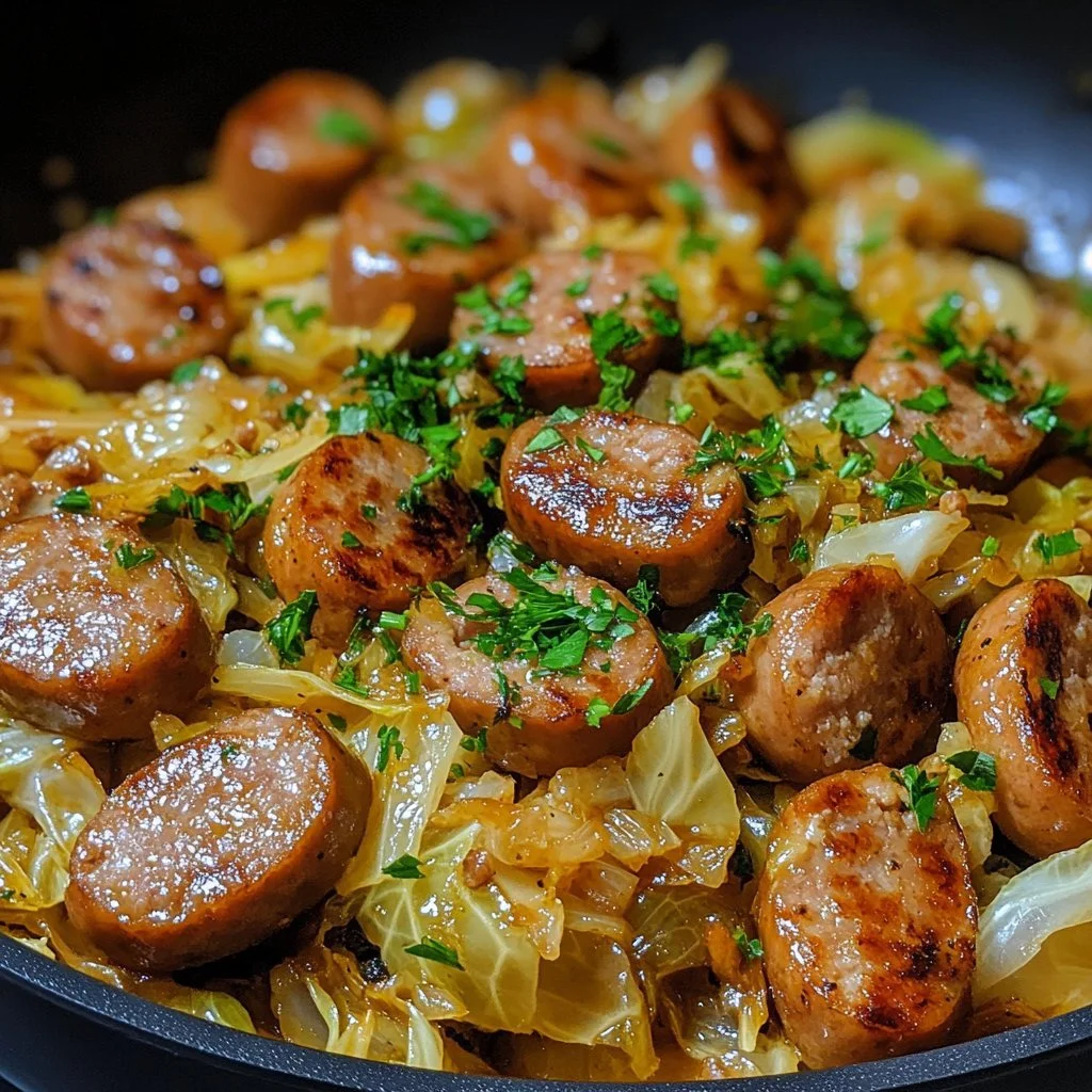 Sausage and Cabbage Stir-Fry served in a colourful bowl with fresh herbs