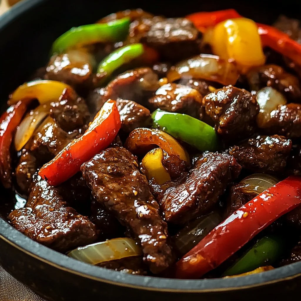 Delicious sizzling Chinese pepper steak with onions served on a plate