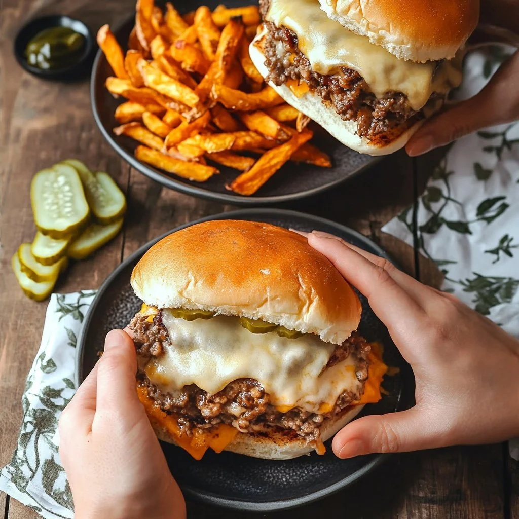Delicious slow cooker cheeseburgers garnished with lettuce and tomato
